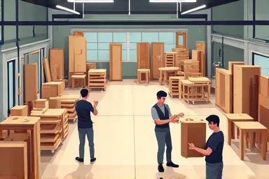 Illustration of a furniture manufacturing workshop with workers